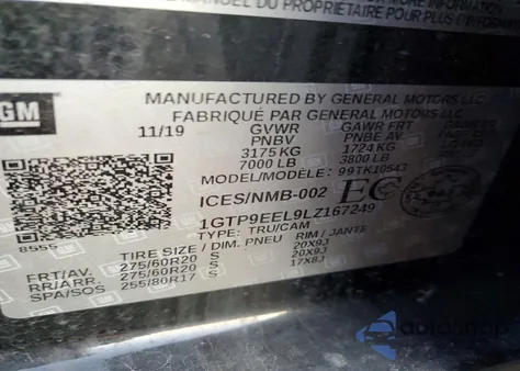 2020 GMC Sierra K1500 At4 из США, поврежденный, VIN 1GTP9EEL9LZ167249